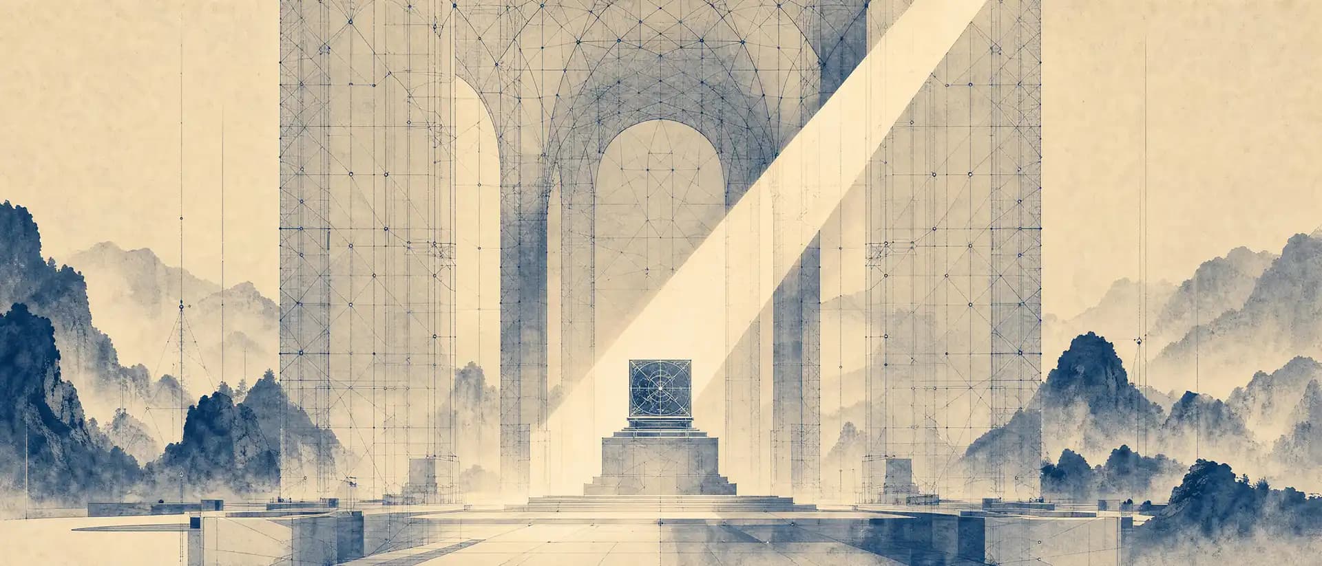 Abstract architecture of interlocking cryptographic proof structures — the visual language of zero-knowledge databases.