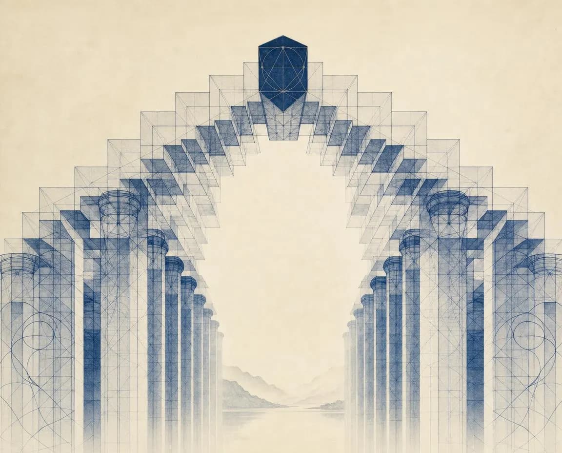 zkDB — a keystone arch of geometric zero-knowledge proof structures, representing verifiable database infrastructure for regulated institutions.